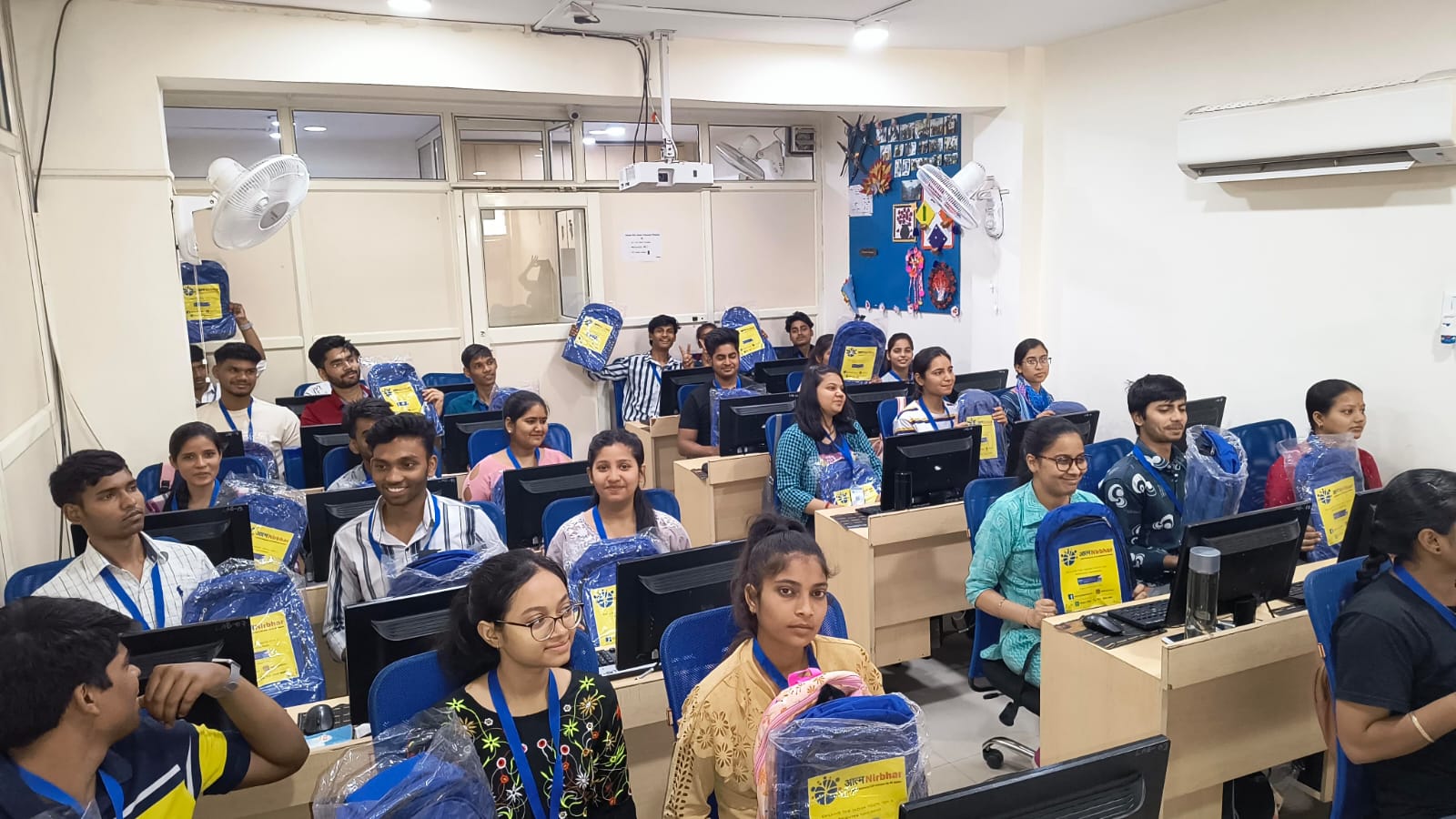 Students learning Digital Mitra course in Aatmanirbhar digital lab